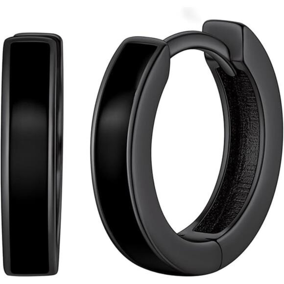 925 Sterling Silver Black Mens Hypoallergenic Huggie Hoop  Black Hoop Earrings Men 925 Sterling Silver Mens Earrings Hypoallergenic